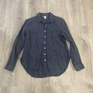 LL Bean Navy Linen Striped Button Down Shirt Women's XS Petite Coastal
